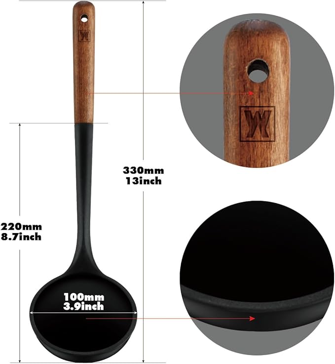 Cooking Ladle: Silicone Kitchen Utensil with Long Wooden Handles, Heat Resistant Cookware, Protects Surfaces with Gentle Head Design, Portion Batter, Professional Chef Wok Soup Ladle