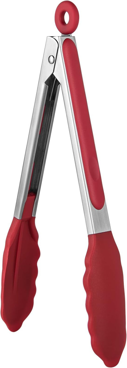 600ºF Heat Resistant Kitchen Tongs: U-Taste 9 inch Silicone Cooking Tong with Firm Sealed Non Stick Rubber Tips & Silicon Coated 18/8 Stainless Steel Handle & Smooth Locking for Serving Salad (Red)