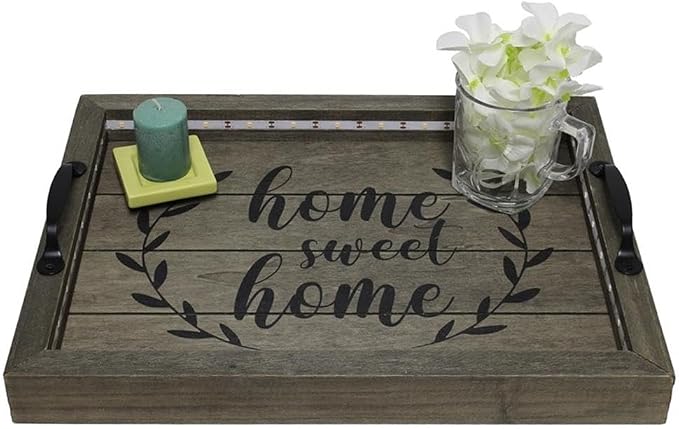 Elegant Designs HG2032-RGS Salento Farmhouse Rectangular Decorative LED Light Up Wooden Serving Tray w Metal Handles & Home Sweet Home in Black for Décor, Centerpiece, Breakfast, Bar, Rustic Gray