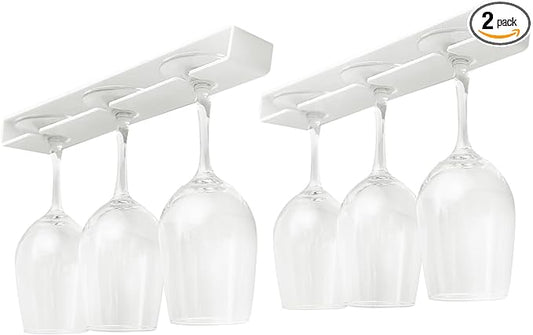Wine Glass Holder ， 2 Pack Wine Glass Rack, No Drilling Wine Glass Holder Under Cabinet, Hanging Stemware Rack Organizer Hanger for Bar and Kitchen Cabinet（Classic White）