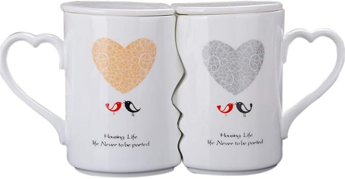 Creative Kissing Mugs Set, Ceramic Couple Coffee Mug with Lid, 12 OZ White Heart Tea Cup Set for Anniversary, Wedding, Birthday Gift