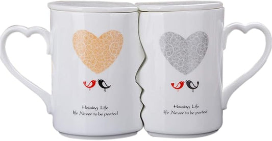 Creative Kissing Mugs Set, Ceramic Couple Coffee Mug with Lid, 12 OZ White Heart Tea Cup Set for Anniversary, Wedding, Birthday Gift