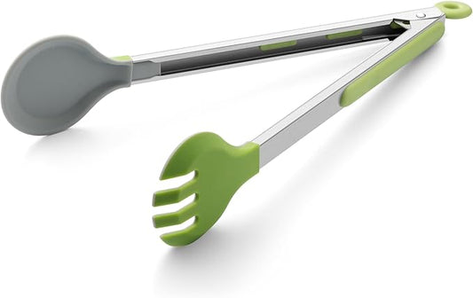 12 Inch Cooking Tongs, 2-in-1 Design with 0.5oz Measure Spoon, Stainless Steel Kitchen Tongs with Silicone Tips, Non-Stick Food Tongs for Cooking, Grilling, BBQ, Salad, Buffet, Serving (12", Green)