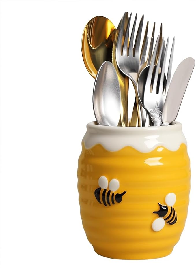 Utensil Holder, Honey Pot Caddy Cutlery Holder Silverware, Ceramic Utensils Organizer Elegant , Spoon Holder for Kitchen Table