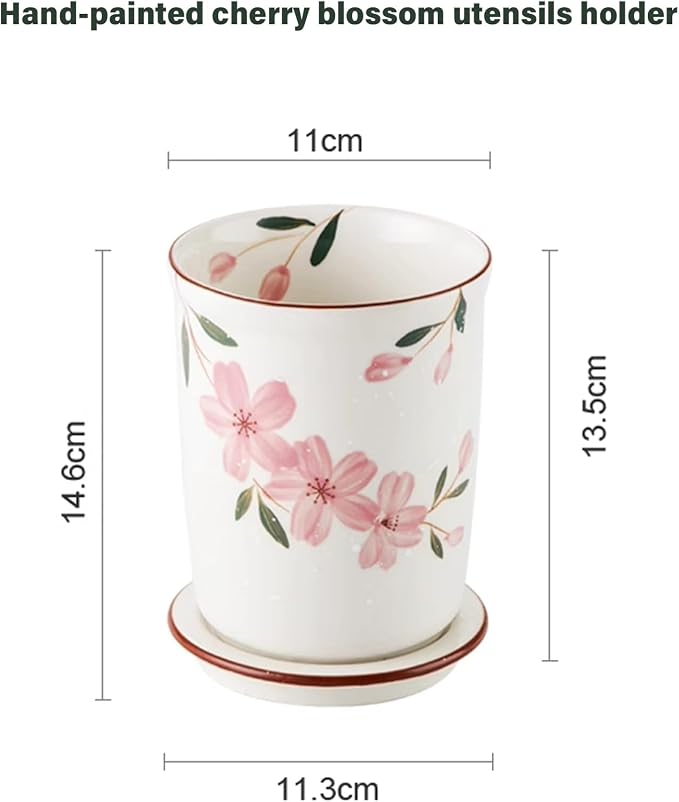 Dxcaicc Large Capacity Utensil Holder for Kitchen Counter, Ceramic Cooking Utensil Holder, Multiple Drain Holes Chopstick Holder with Drain Tray