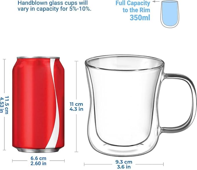 ecooe 12 oz Double Walled Glass Coffee Mug Latte Cappuccino Cups Set of 2, Clear Glass Coffee Cups with Handle, 350ml (full capacity) Coffee Cup Borosilicate Double Wall Glass Coffee Mug Tea Cups