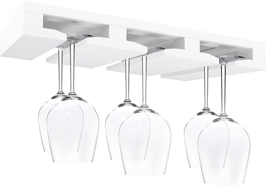 Bamboo Wine Glass Rack, Under Cabinet Mounted Wine Glass Rack, Inverted Cup Holder, Stemware Hanging Holder, Wine Cup Organizer Storage Drying Hanging Rack, White