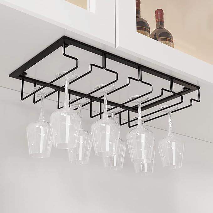 Wine Glass Holder Under Cabinet - Hanging Stemware Holder, Wine Glasses Storage Hanger Metal Organizer for Cabinet Kitchen Bar (4 Rows)