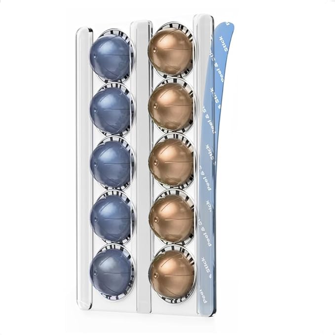 GALVANOX Wall Mounted Holder for Nespresso Vertuo Pods Organizer, 10 Capsule Stick On with Adhesive Backing - Low Profile Vertuoline Wall Mount, Under Cabinet (Clear Acrylic)