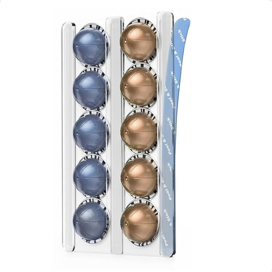 GALVANOX Wall Mounted Holder for Nespresso Vertuo Pods Organizer, 10 Capsule Stick On with Adhesive Backing - Low Profile Vertuoline Wall Mount, Under Cabinet (Clear Acrylic)
