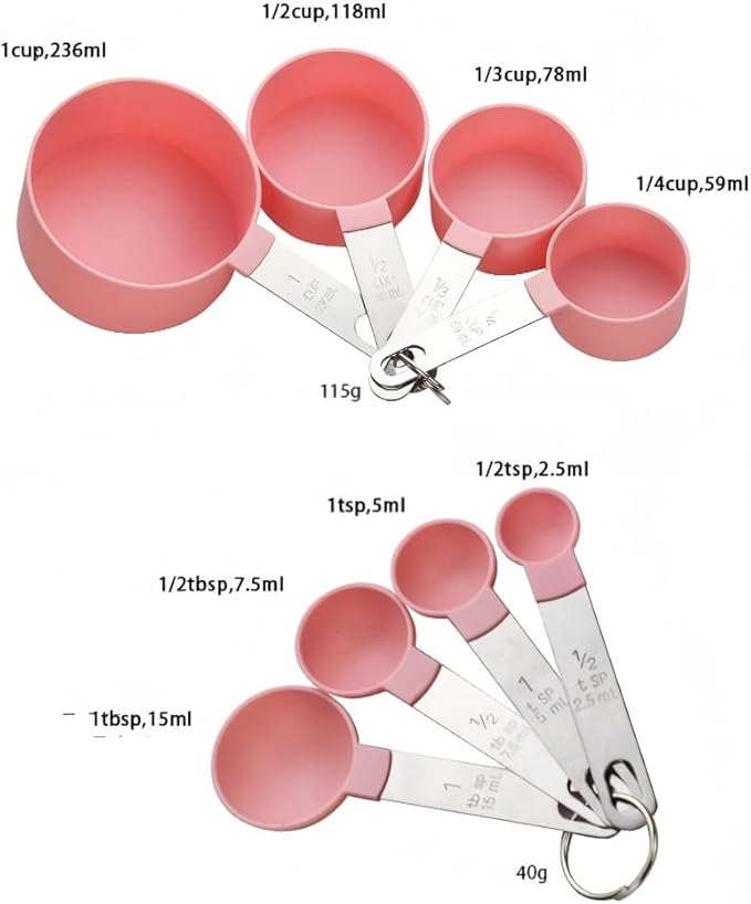 8 Pcs Measuring Cups and Spoons Set, Includes 4 Stainless Steel Nesting Measuring Cups & 4 Mini Measuring Spoons,Stackable Handle Accurate Tablespoon for Measuring Dry and Liquid Ingredients(Pink)