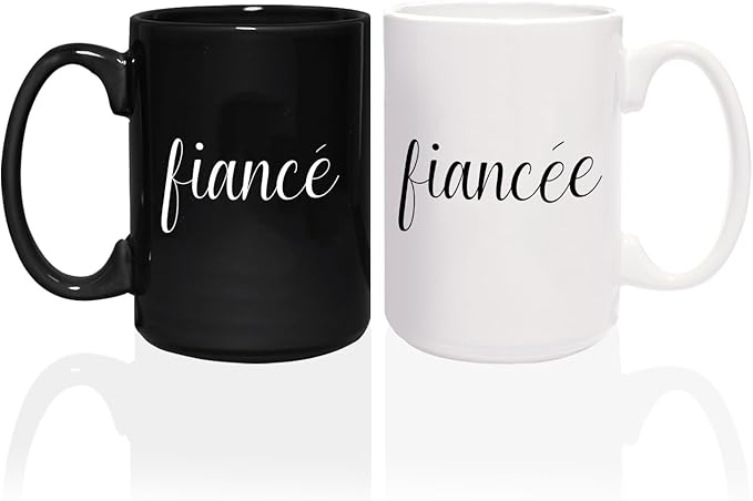 Canopy Street Fiance And Fiancee Mugs / 2 Jumbo 15 Ounce Engaged Couple Black And White Matching Ceramic Mugs/Modern Newlywed Relationship Engagement Cup Set/Wedding Coffee Drinkware