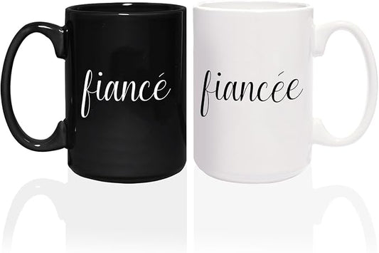 Canopy Street Fiance And Fiancee Mugs / 2 Jumbo 15 Ounce Engaged Couple Black And White Matching Ceramic Mugs/Modern Newlywed Relationship Engagement Cup Set/Wedding Coffee Drinkware
