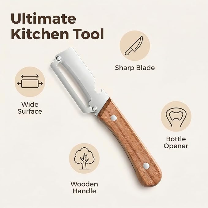 Multi-Functional Vegetable Peeler fo Kitchen: 2 in 1 Stainless Steel Peeler with Wooden Handle and Bottle Opener - Peelers for Potato Pumpkin Papaya Zucchini (2 pcs)