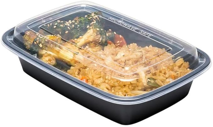 28oz Disposable Black Meal Prep/Bento Box with Clear Dome Lids - Rectangular Plastic Meal Containers - Leak Proof and Reusable Box : Perfect For Salad, Meal Prep and Fruits : Set of 50