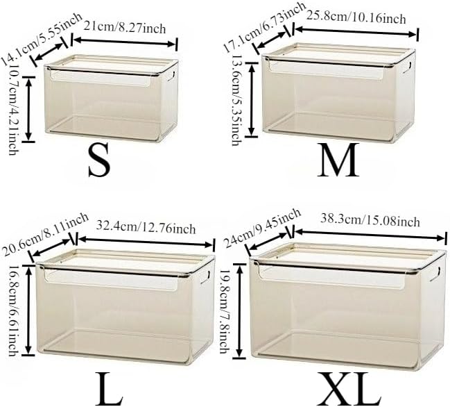 Transparent plastic storage box with lid and handle, stackable kitchen organizer for refrigerator, cabinet, pantry, bathroom, and office (Tea color (without lid), S)
