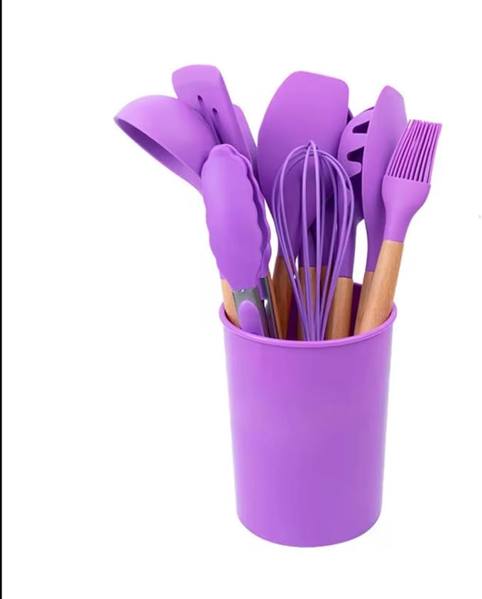 Silicone Kitchen Utensil Set with Wooden Handles – 12 Pieces + Holder, Heat Resistant, Non-Stick Cooking Tools (Multiple Colors (purple)