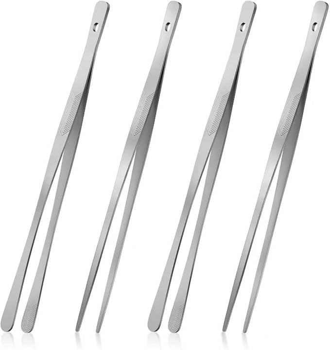Vaincre 4PCS Kitchen Tongs Tweezers for Cooking, 12" Metal Kitchen Utensils, Stainless Steel Fine Cooking Tweezers Tongs with Precision Serrated Tips for Chef, Culinary, Serving Food, Pasta