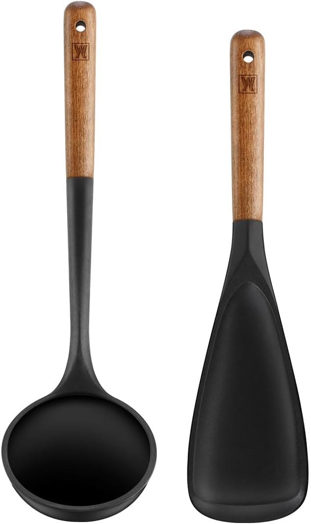 WAGENSTEIGER Set of 2pc Silicone Cooking Utensils: Wooden Handle Ladle + Long Head Serving & Cooking Spoon, Heat Resistant, BPA Free, Scratch-Resistant Surface Design