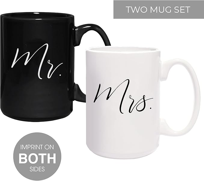 Canopy Street Mr And Mrs Matching Mugs / 2 Jumbo 15 Ounce White And Black Ceramic Mugs/Elegant Coffee Cup Gift Set/One Black Mug And One White Mug