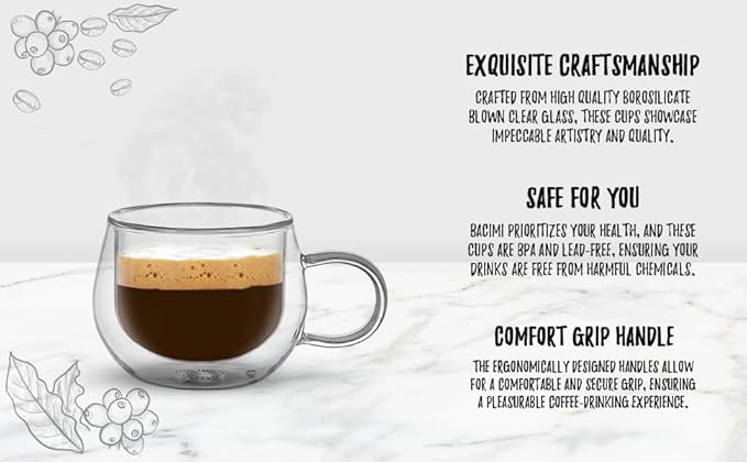 Bacimi® Double Wall Insulated Espresso Coffee Cups 3.5oz Clear Borosilicate Cup with Handle - Thermal Drinking Cups for Espresso, Cappuccino, Latte, Tea, Hot Beverage, Wine - Microwave Safe Set of 4