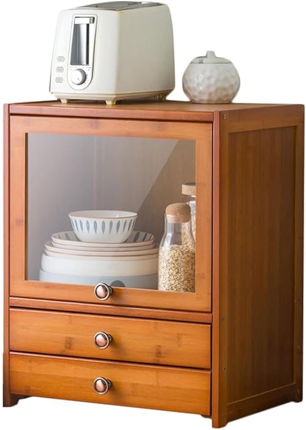 Bamboo Storage Cabinet with Drawers for Kitchen Countertop, Freestanding Pantry Clear Acrylic Flip-Up Door Organizer(42cm)