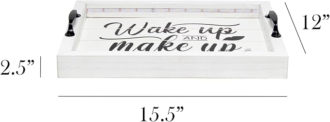 Elegant Designs HG2032-WWM Salento Farmhouse Rectangular Decorative LED Light Up Wooden Serving Tray w Metal Handles & Wake up and Make up in Black for Décor, Centerpiece, Breakfast, Bar, Whitewash