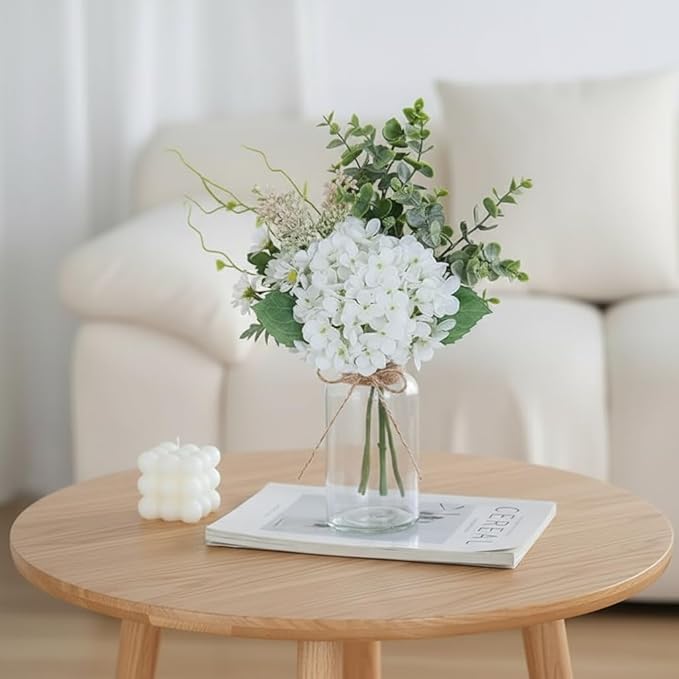 LADADA White Artificial Hydrangea Bouquet with Glass Vase - 15.7" Faux Hydrangea & Eucalyptus Arrangement, Fake Flowers in Vase for Table Centerpiece, Bathroom, Kitchen & Farmhouse Home Decor