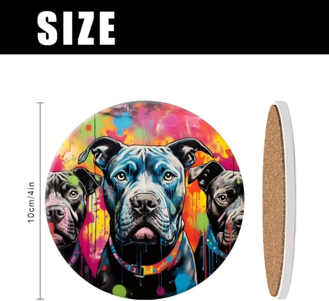 1 Pcs Coffee Cup Coasters for Drinks, Graffiti Style Black Pit Bulls Round Absorbent Non-Slip Ceramic Stone Cork Coasters for Kitchen Living Room Office Decoration Bar (4 * 4 Inch)