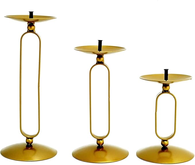 Efavormart Set of 3 | Gold Metal Geometric Oval Design Pillar Candle Holder Stands, Candle Centerpieces - Assorted Sizes