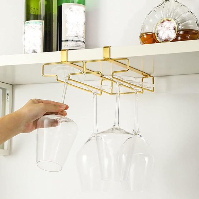 Metal Stemware Rack, Multifunction Wine Glass Holder Under Cabinet, No Drilling Champagne Goblets Storage Shelf, Home Glass Hanging Holder, 2 Rows (Color : Gold)