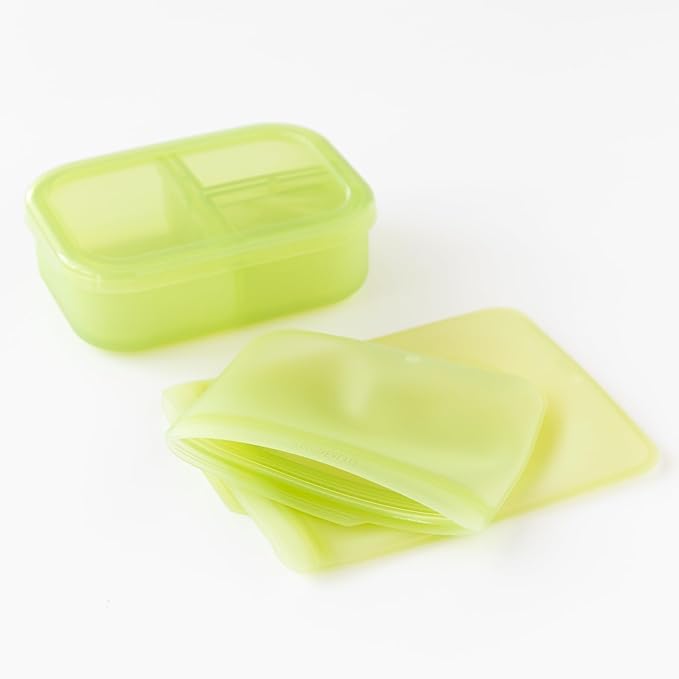 Bumkins - Silicone Bento Box & Reusable Snack Bag Set - 3 Sections & Leak-Proof Lid - Food Safe - 2 Zip Bags - Washable, Microwave, Freezer & Dishwasher Safe - 3 pack - Green