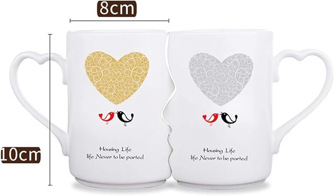 Creative Kissing Mugs Set, Ceramic Couple Coffee Mug with Lid, 12 OZ White Heart Tea Cup Set for Anniversary, Wedding, Birthday Gift