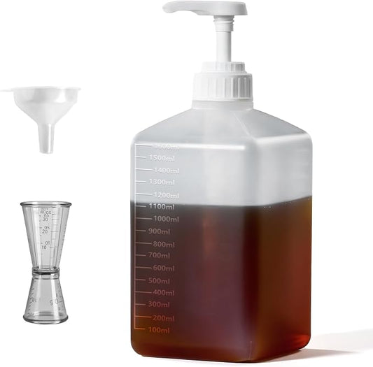 Large Capacity Syrup Dispenser for Coffee Bar, Pump Dispenser 54oz 1600ml PET Syrup Bottle w Measuring Cup and Funnel, Dispenser Bottle w Upgraded Pump