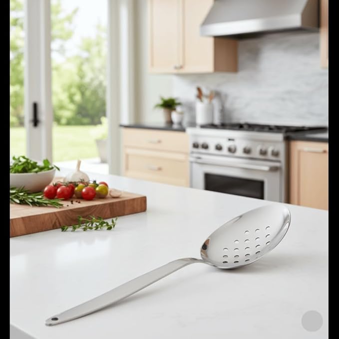 Chef Kunz Perforated Spoon | 9 Inch Silver 18/10 Stainless Steel Plating, Basting, Quenelle, Plating Spoon for Draining and Serving, Dishwasher Safe (Perforated)