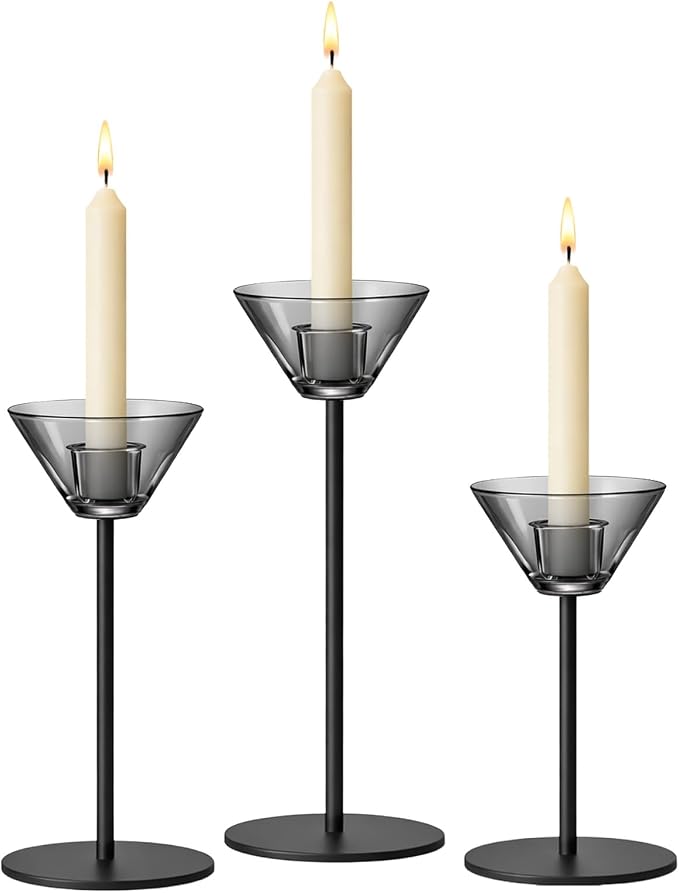 Smytle Smoke‑Gray Candlestick Holders, Set of 3 Smoked Glass Candleholder Sets with Weighted Metal Base, Modern Minimalist Taper Candle Holders for Fireplace Mantel and Table Decor