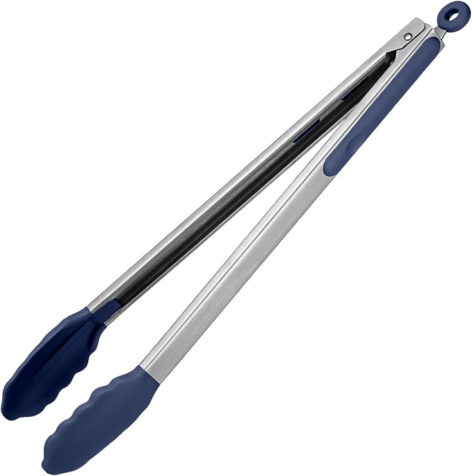 600ºF Heat Resistant Kitchen Tongs: U-Taste 16 in Extra Long Large Silicone Cooking Tong with Non Stick Rubber Tips & Non Slip Silicon Coated 18/8 Stainless Steel Handle for Grill BBQ (Midnight Blue)
