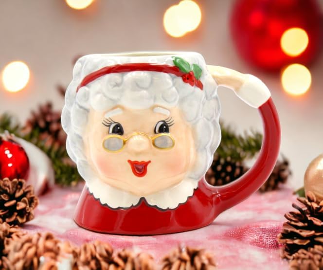 Fine Ceramic Christmas Holidays Mr. & Mrs. Santa Claus Mugs Set of 2 (2 Pieces Set), 5-3/4' L, White, Grey, Red