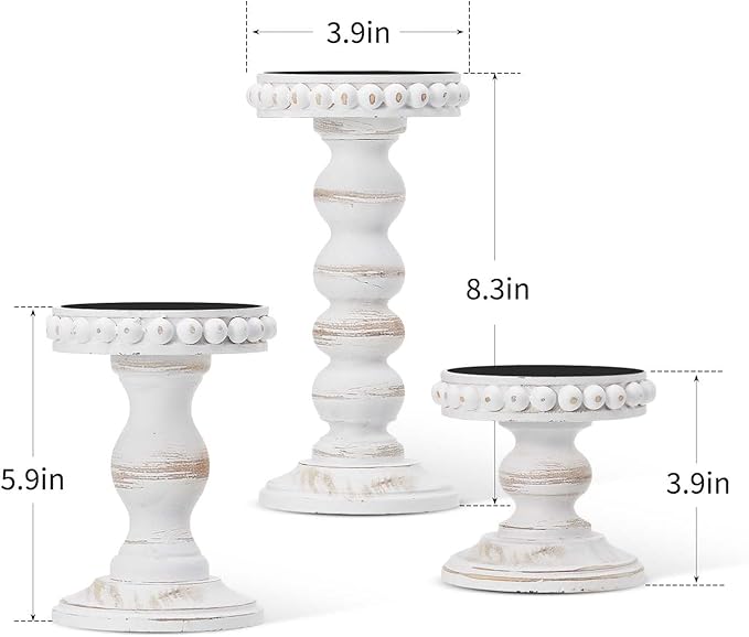 Mumufy 3 Pcs Candle Holders for Pillar Candles Rustic Farmhouse Home Decor Decorative Washed Beaded White Black Wood Candle Holder Country Style for Table Mantel Fireplace Wedding (White,Small)