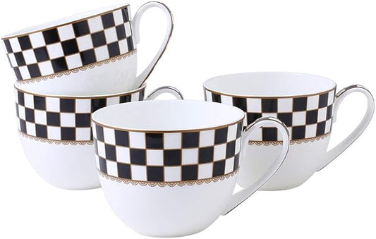 Porlien Checker Pattern 23-ounce Large Soup Bowls, Large Soup Mugs with Handles, Porcelain Cereal Bowls Set of 4