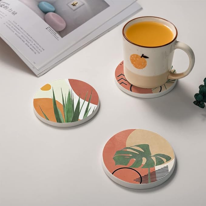 HUXJOKO Coasters for Drinks Set of 6,Modern Boho Tropical Leaves Absorbent Ceramic Coaster,Round Stone Mat,with Cork Base and Metal Holder for Coffee Table Room Bar Home Decor Housewarming Gifts