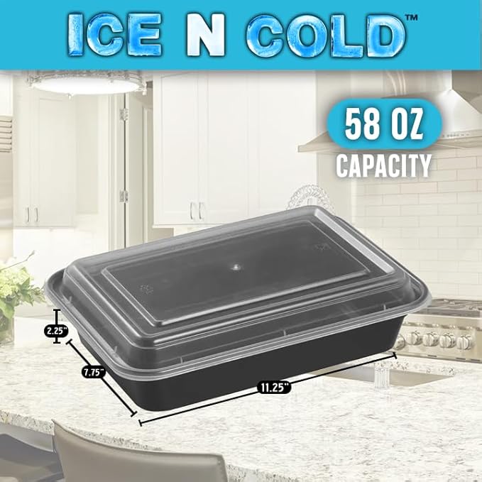 ICE N COLD Reusable To-Go Food Meal Prep Storage Containers with Leak Proof Snap Lids 58oz | 1715ml | 25-Pack