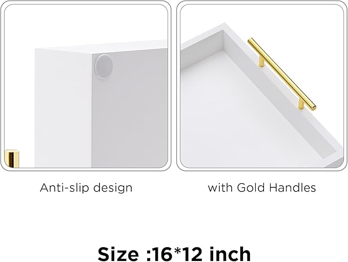 16"x12" Serving Trays with Handles, White Decorative Serving Tray, Ottoman Trays, Living Room, Bathroom, and Outdoors Decorative Trays (White)