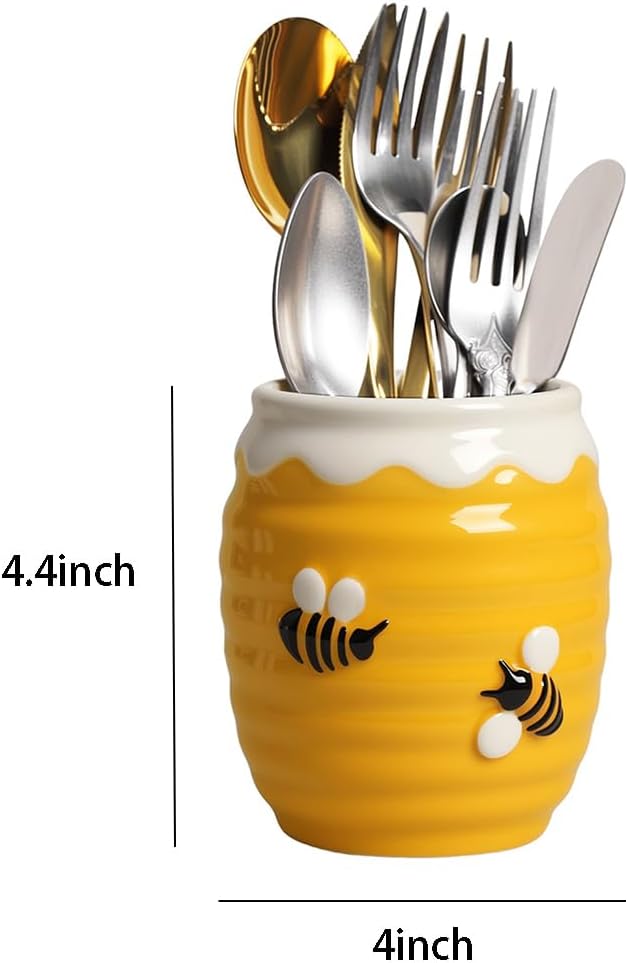 Utensil Holder, Honey Pot Caddy Cutlery Holder Silverware, Ceramic Utensils Organizer Elegant , Spoon Holder for Kitchen Table