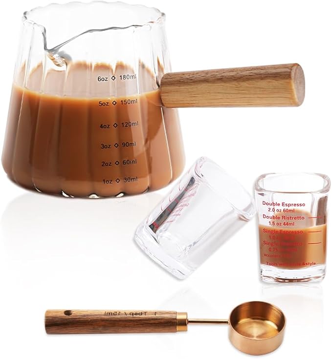 3 Pcs Espresso Shot Glass with 15ml Coffee Measuring Spoon, Single Spout Glass Measuring Cup with Wood Handle, Espresso Shot Cups with Dual Scale for Coffee Milk (6.0oz, 2oz)