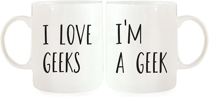 Andaz Press Funny Couples 11 oz Ceramic Coffee Mugs, I'm a Geek, I Love Geeks, His and Hers Mugs Set of 2, Valentines Day Coffee Mug for Him and Her, Mr and Mrs Mugs, Couple Mugs for Husband
