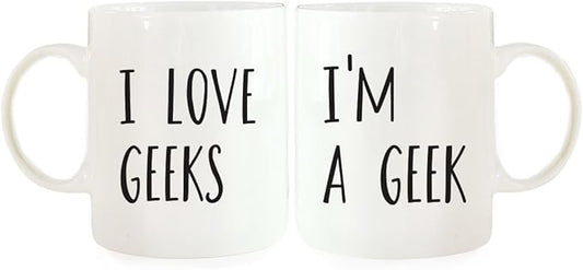 Andaz Press Funny Couples 11 oz Ceramic Coffee Mugs, I'm a Geek, I Love Geeks, His and Hers Mugs Set of 2, Valentines Day Coffee Mug for Him and Her, Mr and Mrs Mugs, Couple Mugs for Husband