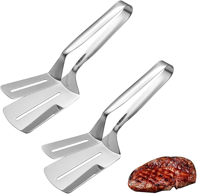 2 Pcs Kitchen Cooking Tongs 10 inch Stainless Steel Flipping Spatula Steak Clamps for Cooking Grilling Frying Bread Hamburger Pies Pizza Pancakes