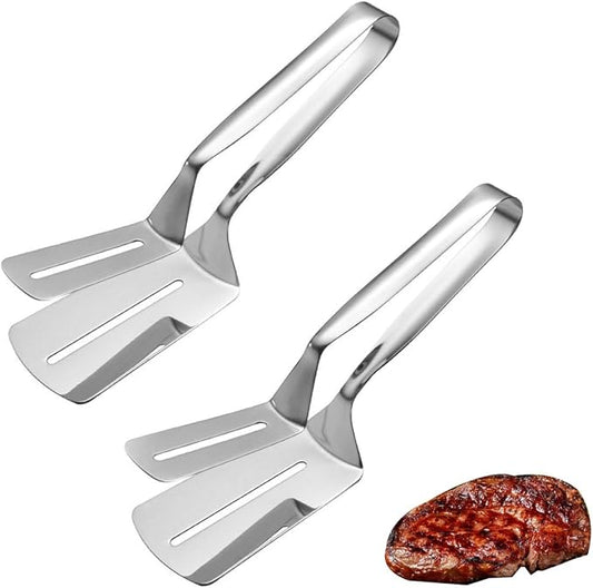 2 Pcs Kitchen Cooking Tongs 10 inch Stainless Steel Flipping Spatula Steak Clamps for Cooking Grilling Frying Bread Hamburger Pies Pizza Pancakes