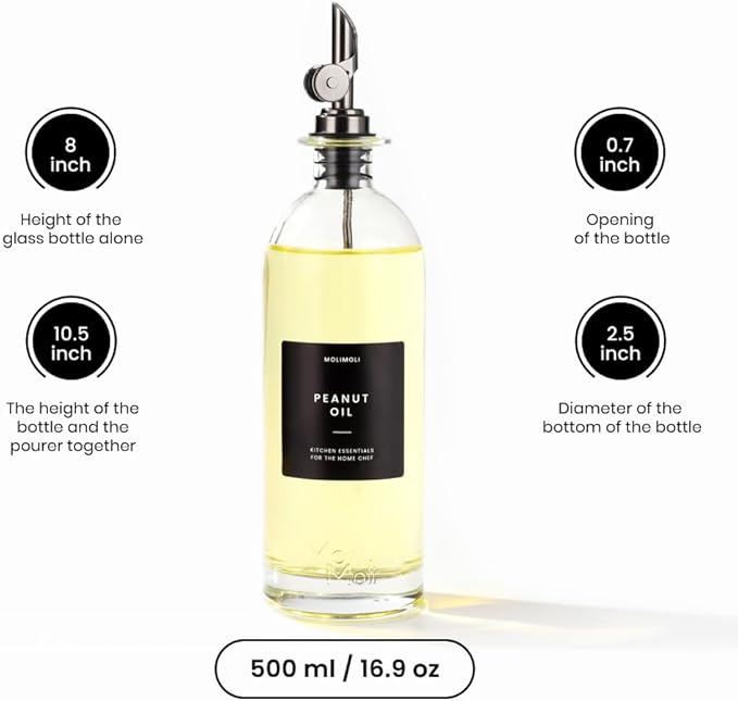 Molimoli Oil and Vinegar Dispenser with Metal Pour Spout, Weighted Pourer, Glass Bottle Dispenser for Kitchen, Olive Oil Cruet, Glass Olive Oil Bottle | 500ml, Set of 2